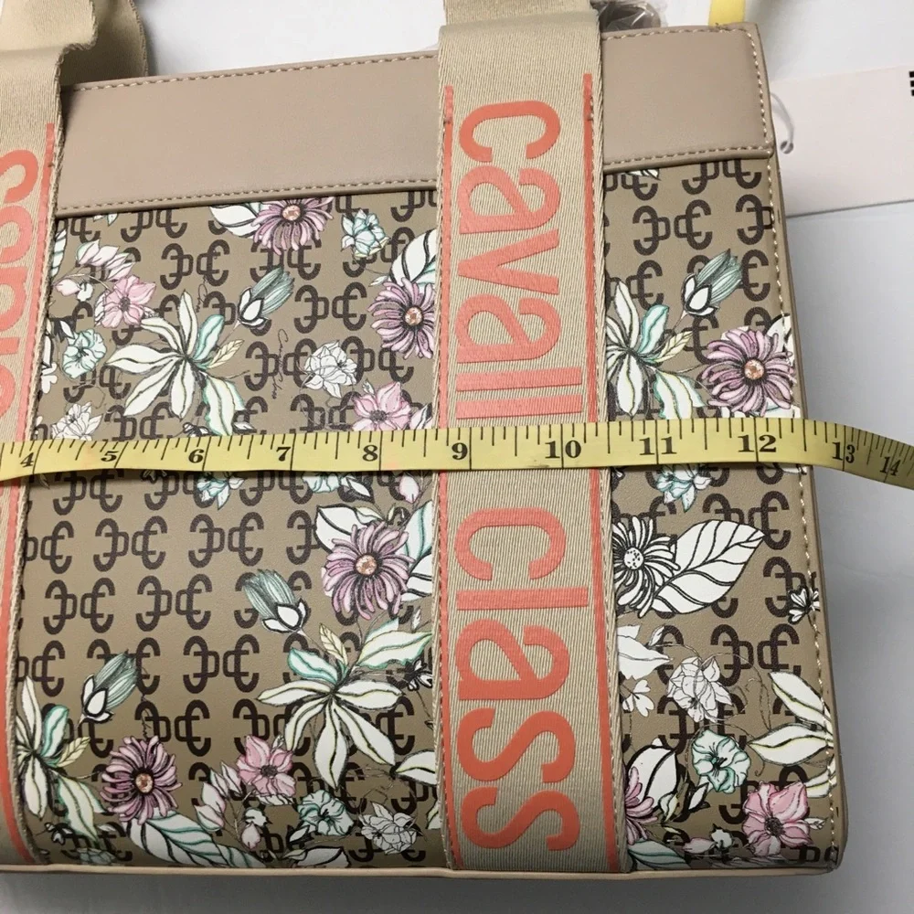 Cavalli Class Serafina Large Top Handle Satchel Crossbody Floral Beige Tote Bag